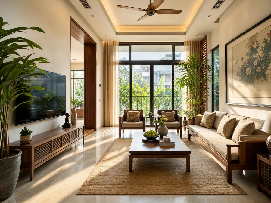 Phòng khách hướng Nam đón ánh sáng tự nhiên, cửa sổ lớn thoáng đãng