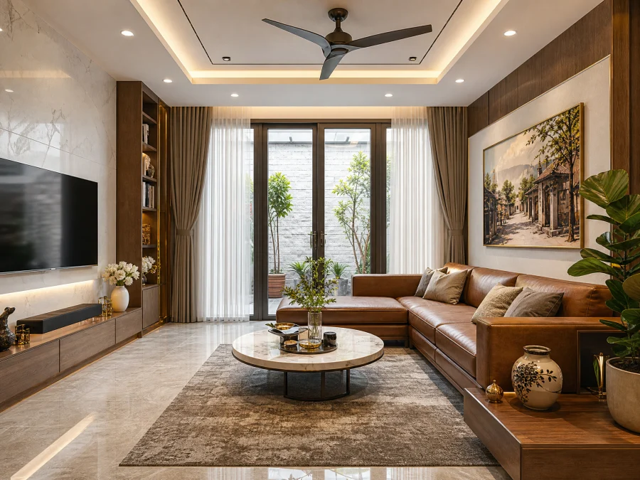 Bố cục sofa tựa tường, bàn trà tròn, lối đi thông thoáng theo phong thủy