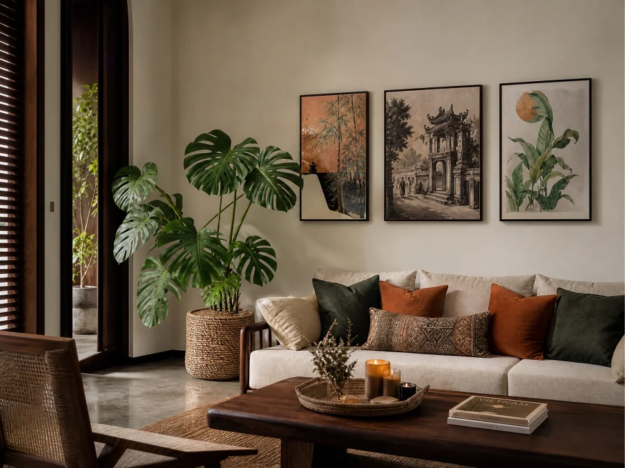 Góc trang trí phòng khách với gallery tranh, cây Monstera và gối trang trí
