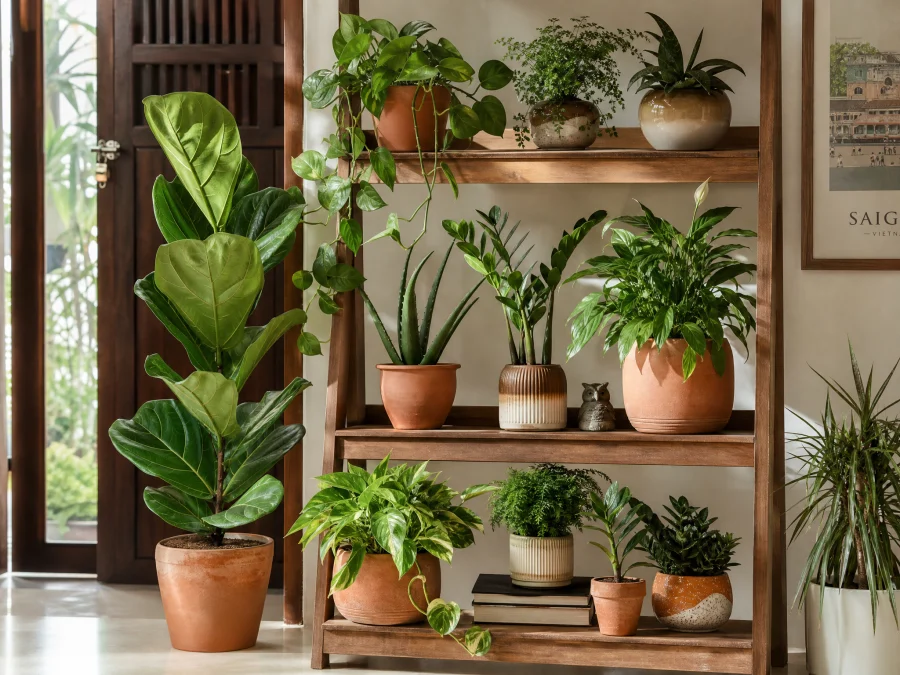 Bộ sưu tập cây xanh nội thất đặt trong các chậu gốm màu đất phong cách