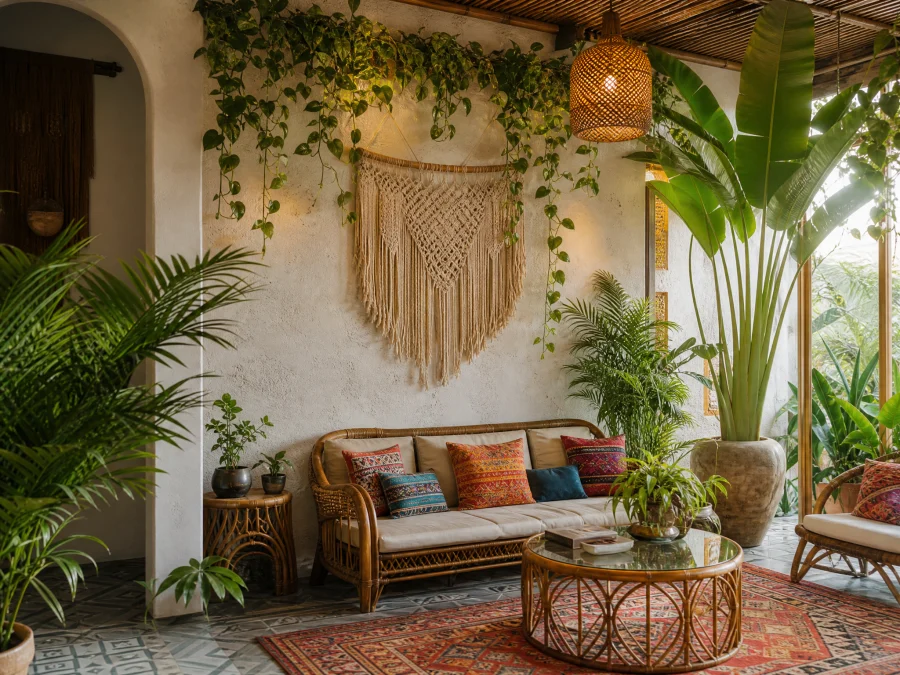Phòng khách phong cách Tropical Bohemian với cây xanh nhiệt đới phong phú