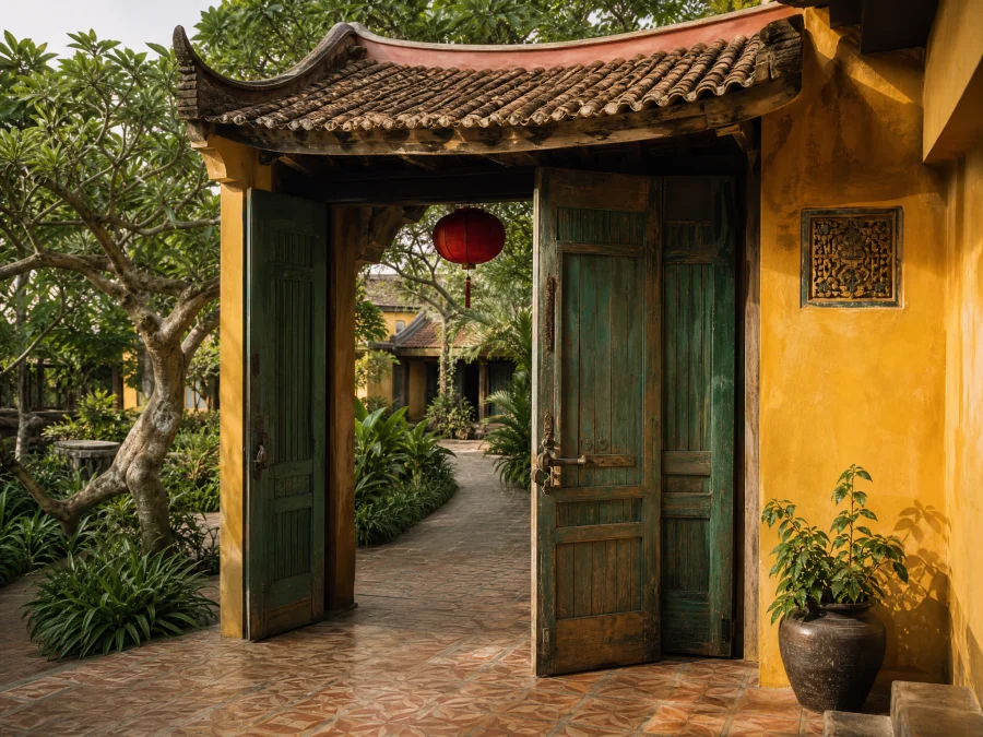 Chi tiết kiến trúc — gạch Bát Tràng, cửa teak, mái ngói truyền thống
