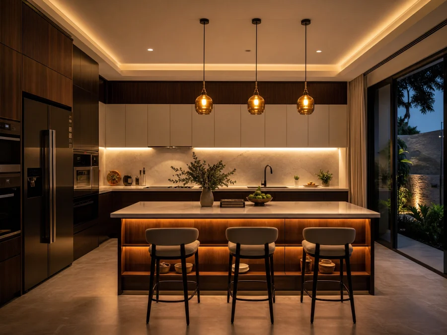 Hệ thống chiếu sáng ba lớp trong bếp hiện đại: tổng thể, nhiệm vụ và điểm nhấn